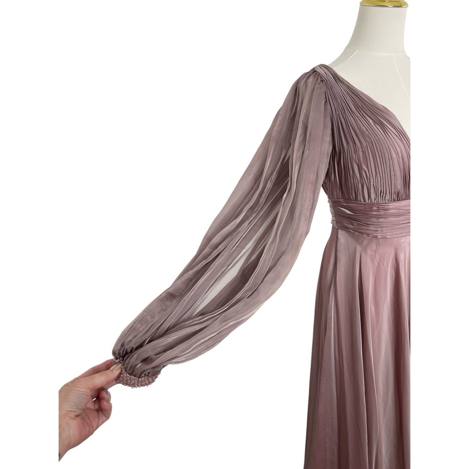 Mac Duggal 67414 Mocha Chiffon Gown Cutaway Sleeve Beaded Cuff Size 8 $598