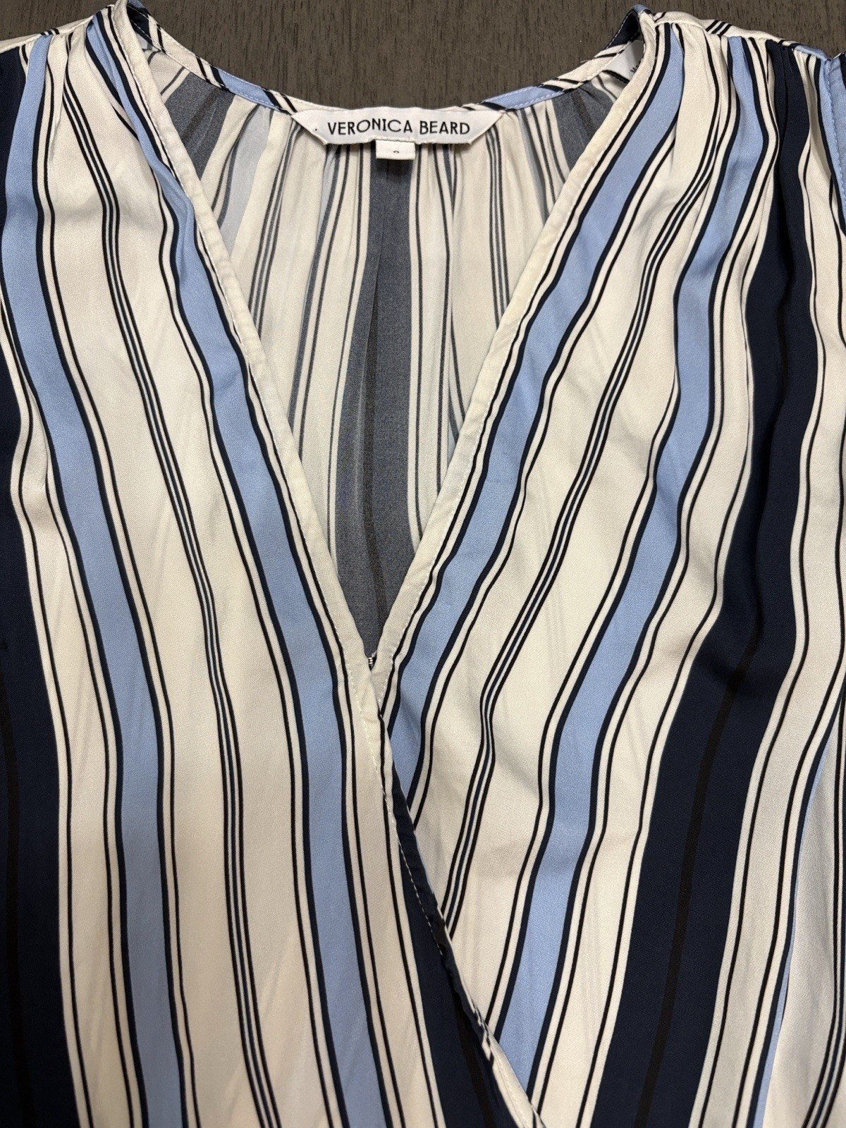 Veronica Beard Rahi Blue Stripe Quiet Luxury Silk Blend Sleeveless Designer Top