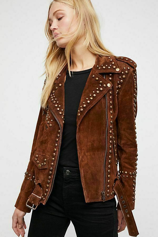Women Brown Western Style Suede Leather Jacket Tips & Studs – Zipper