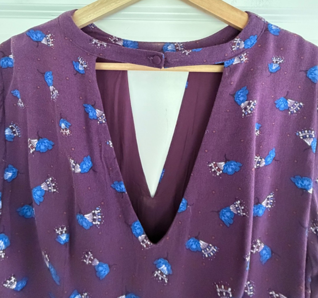 Free People Tegan Mini Dress Size 8 Bell Sleeve Purple Blue Floral Boho Babydoll