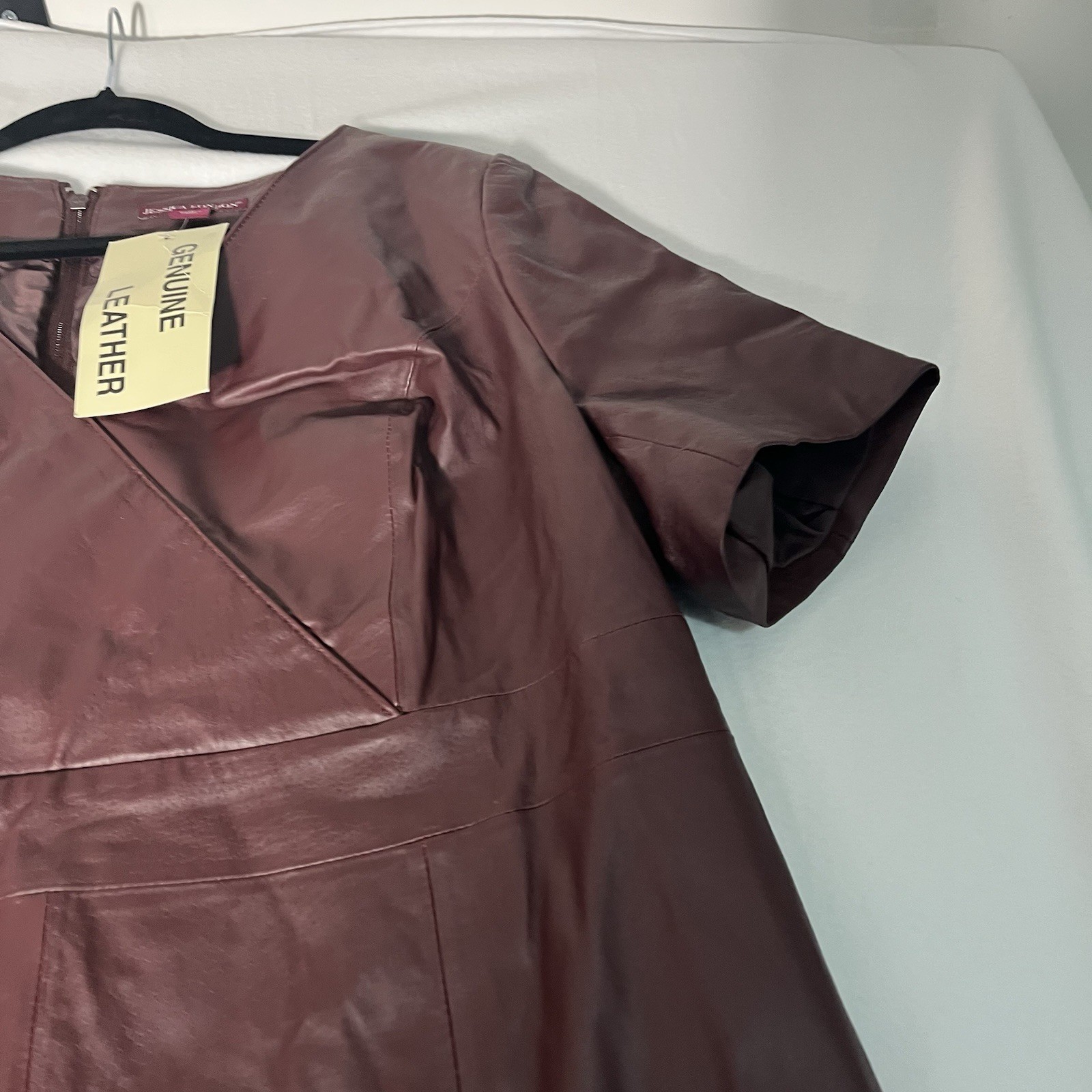Jessica London Leather Burgundy Sheath Dress V-Neck Short Sleeve Size 16