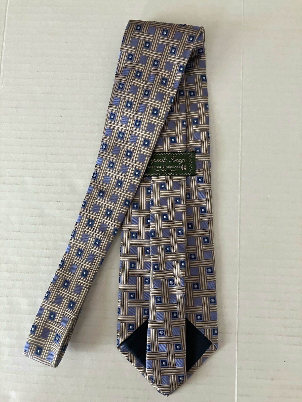 Corporate Image Tom James Men’s Necktie Tie Silk Gold Blue Basket Weave Made USA