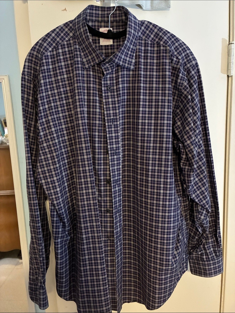 Brooks Brothers Navy and White Plaid Long-Sleeve Dress Shirt