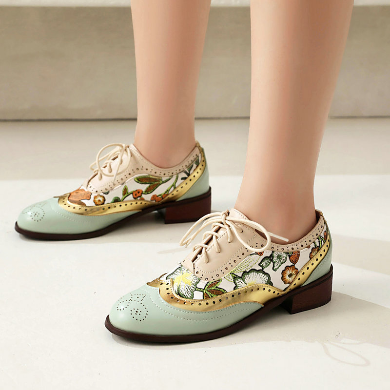 Women’s Ethnic Oxfords Colorblock Patchwork Shoes Floral Two Tone Low Heel Pumps