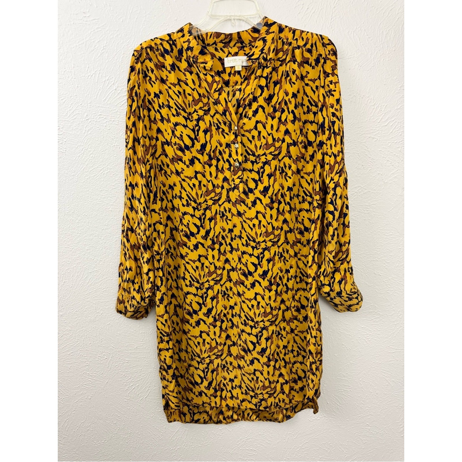 Britt Ryan 100% Silk Dress Size Small Mustard Mobwife Animal Print Tunic Mini