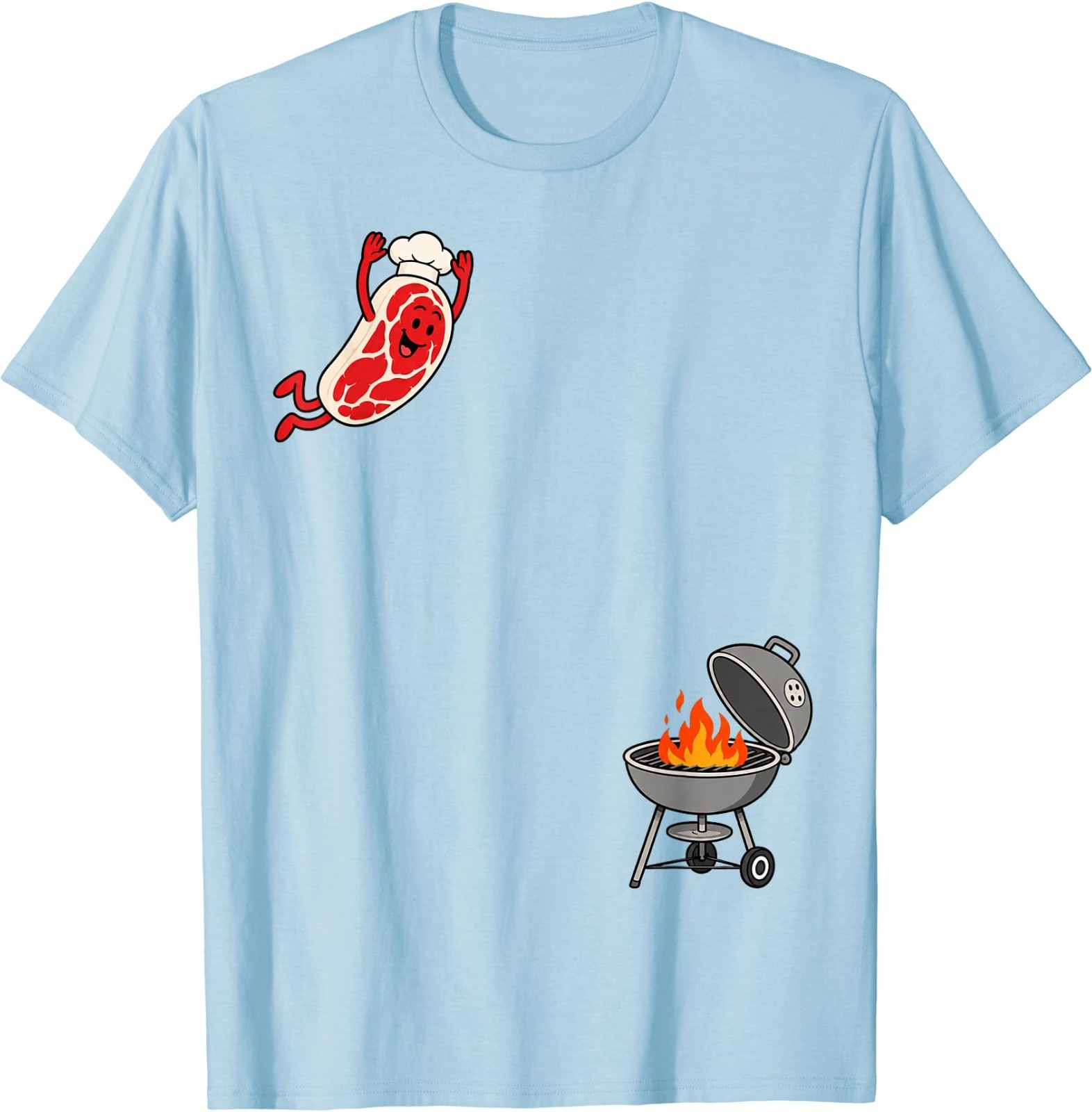 Funny Chef Steak Jumping Into BBQ Grill Cartoon T-Shirt