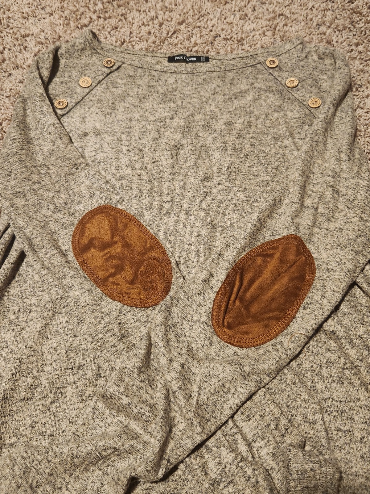 Pink Clover Pullover Women L Brown Marl Top Elbow Patch Button Detail Knit Large