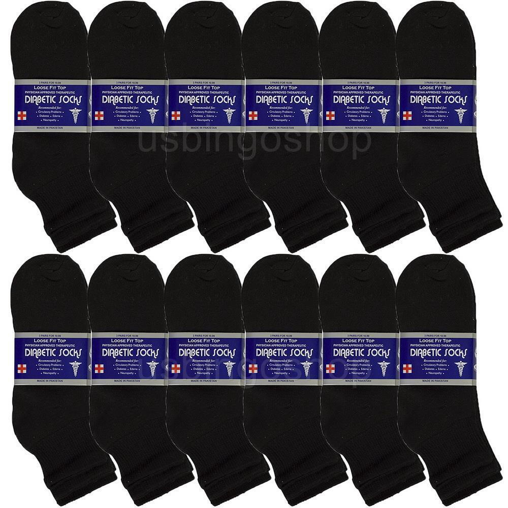 12 PK Black Men Cotton Circulatory Loose Fit Quarter Ankle Diabetic Socks 10-13