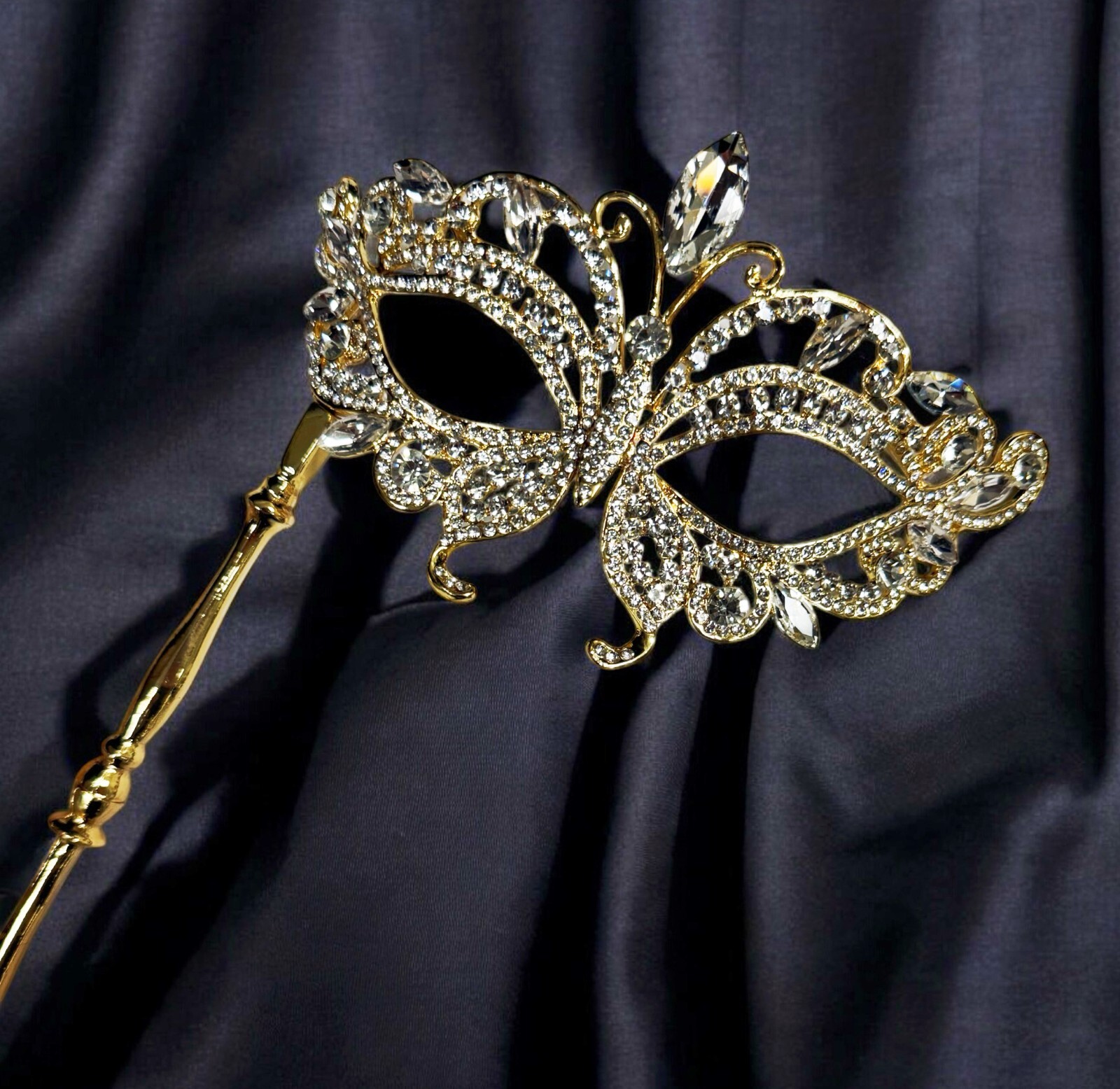 Crystal Mask with Stick, Prom Mask, Masquerade Ball Mask, Met Gala Gold Mask