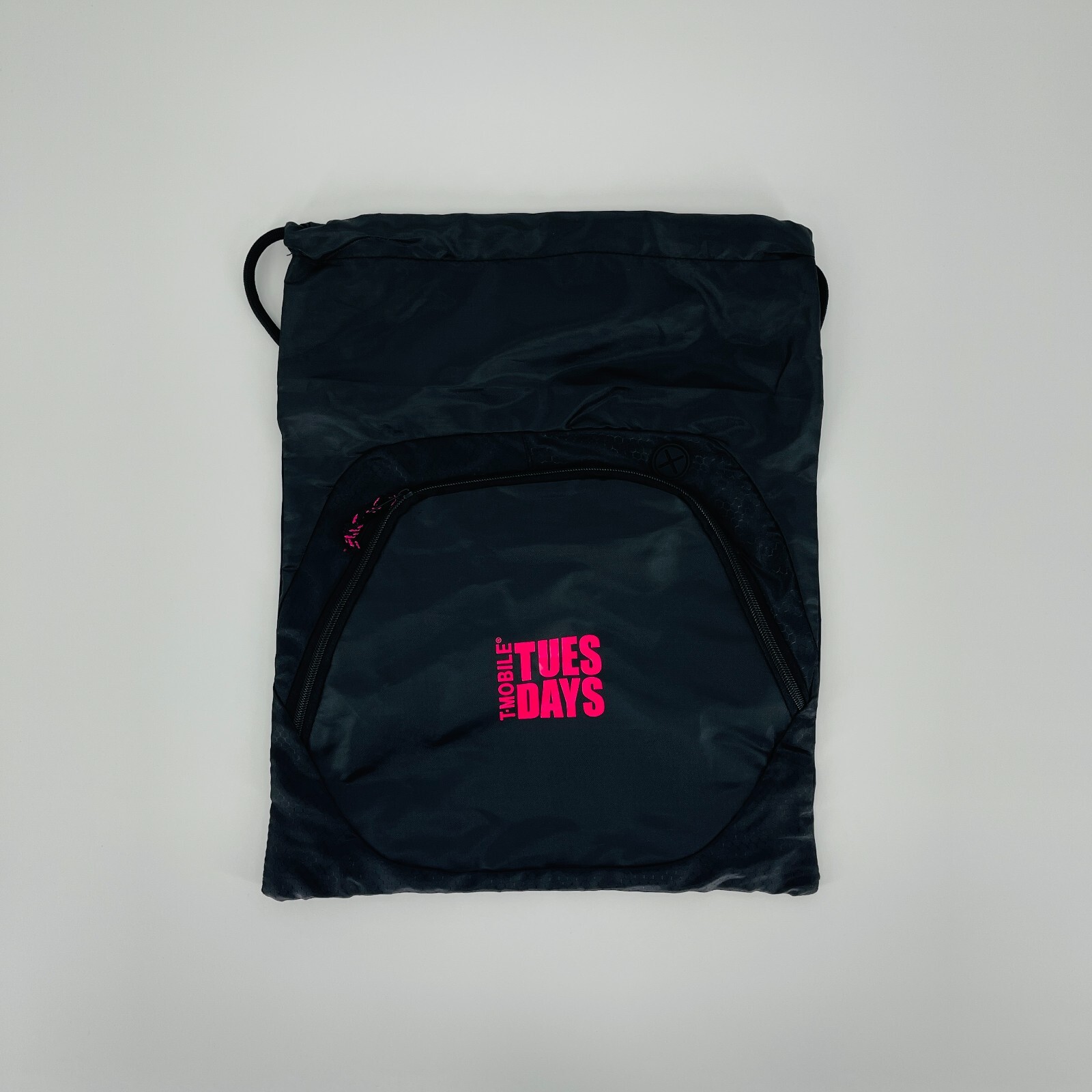 T-Mobile Black Lightweight Drawstring Backpack Zipper Compartment Pink Logo -New