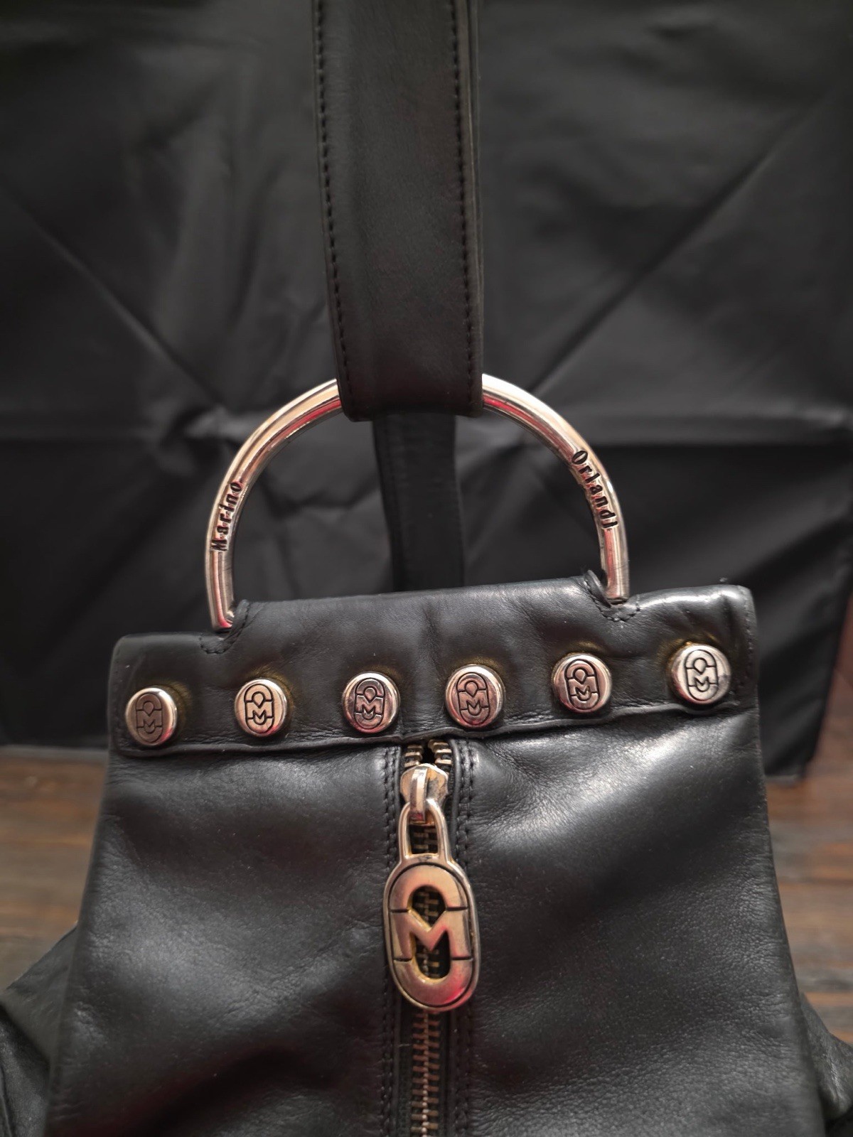 Marino Orlandi Italian Black Leather Metal Accents Sling Crossbody Bag