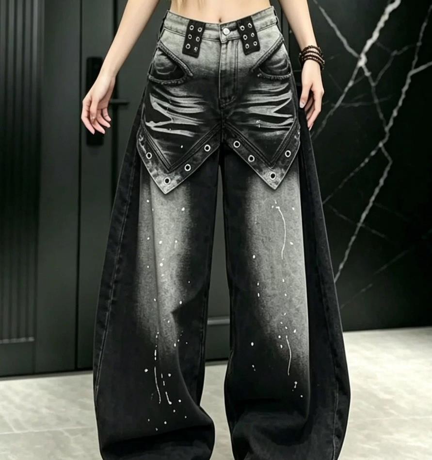 Women’s Black Gray Denim Straight Leg Jeans Punk Hip Hop Motorcycle Pants Casual