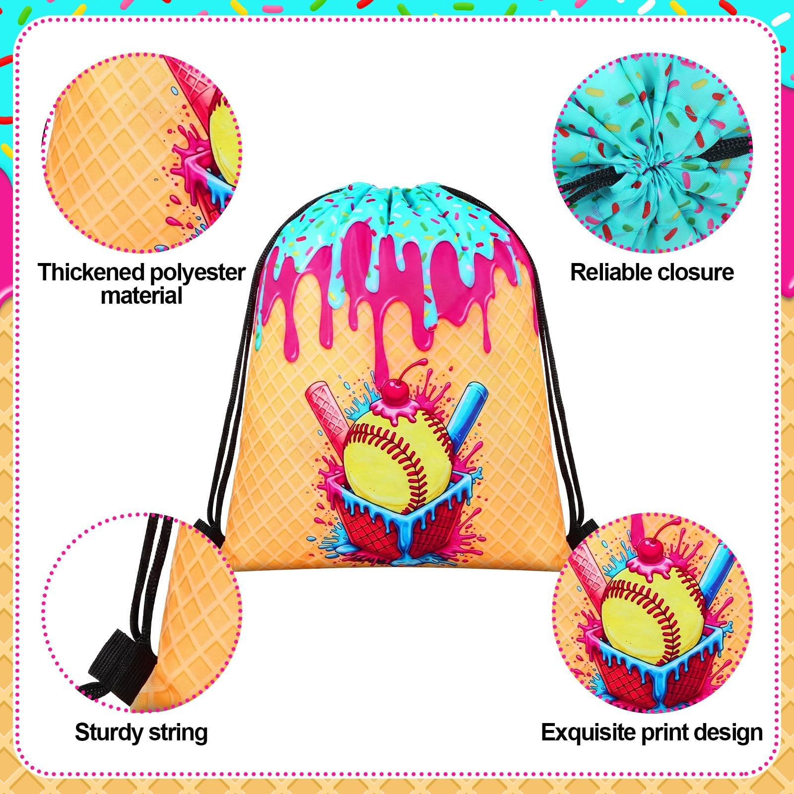 24 Pcs Ice Cream Drip Softball Drawstring Bags Bulk 11.81×9.84 Inch Sport Par…