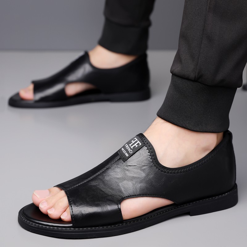 Men’s Open Toe Slip-On Sandals, PU Leather, Comfort Casual Summer Slide Shoes