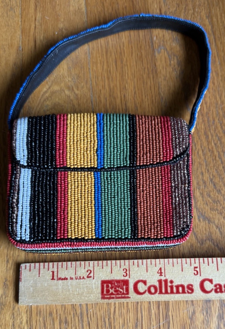 ANTHROPOLOGIE FIONA SUPER MINI BEADED BAG PURSE WALLET MULTI STRIPE NWOT