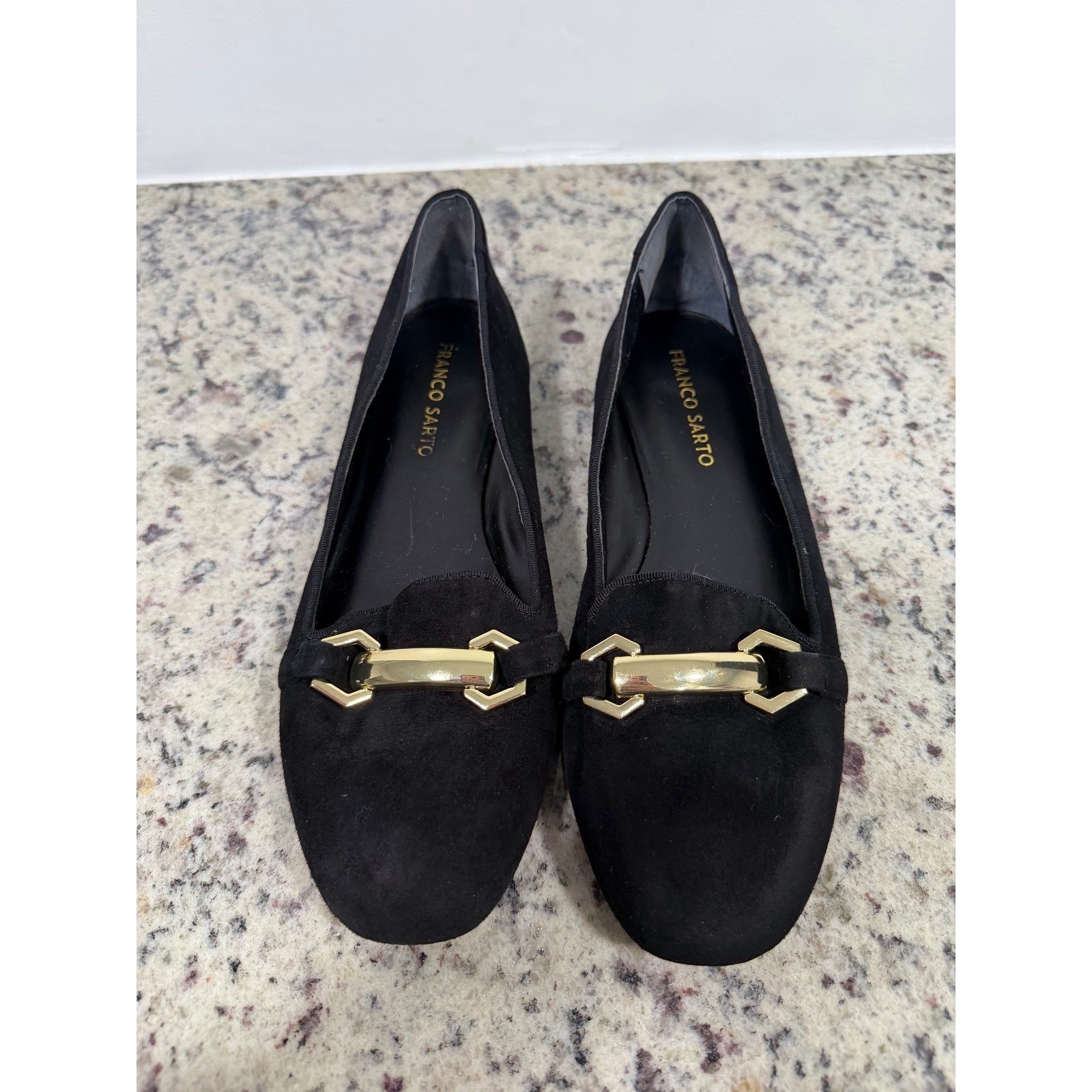 Franco Sarto Womens Black Suede Gold Buckle Loafer Flats Size 7.5M