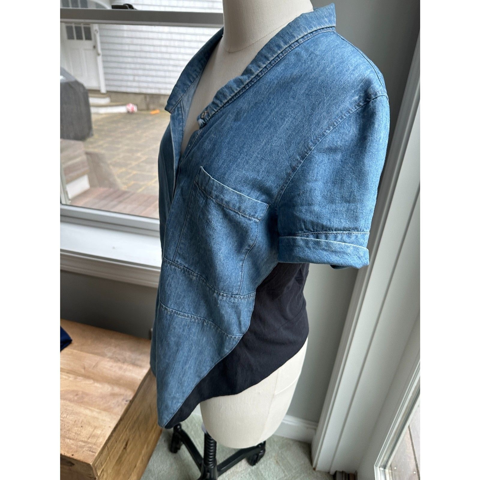 Helmut Lang New York Era Chambray Denim Mixed Media Top Sz M Made USA 2002