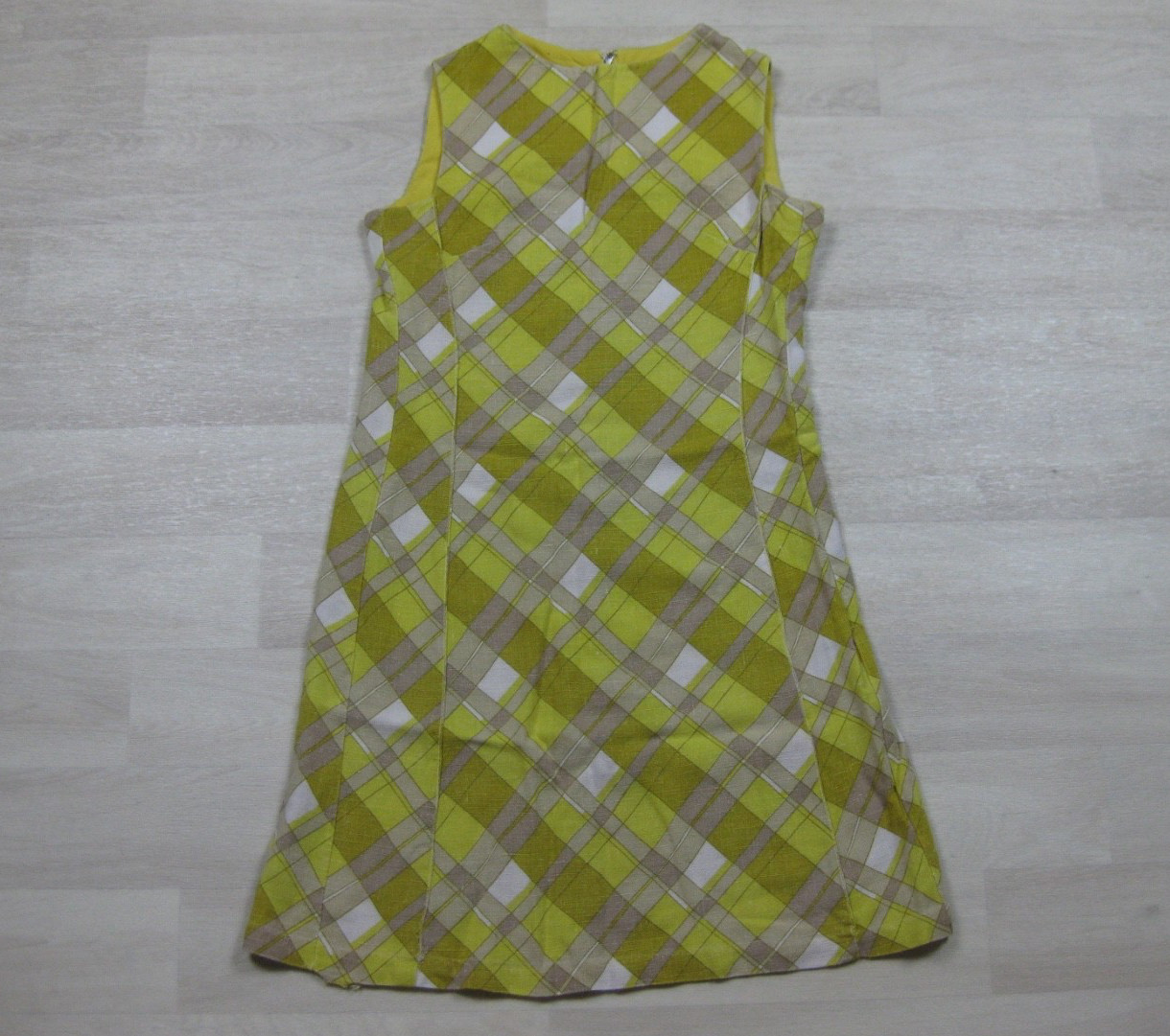 Vintage 60s Mini Sheath Shift Dress (S) Plaid Yellow Day Glo Sleeveless MOD