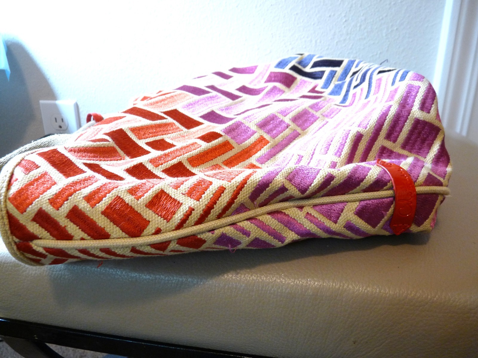 Cole Haan Orange Fuchsia Purple Leather and Fabric Shoulder Tote Bag