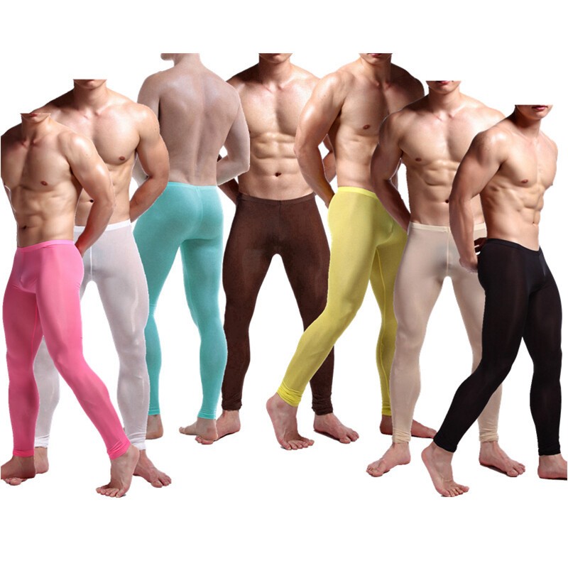Men SexyLingerie Ice Silk Thin Long Johns Pants Leggings Sleepwear Underwear GYM