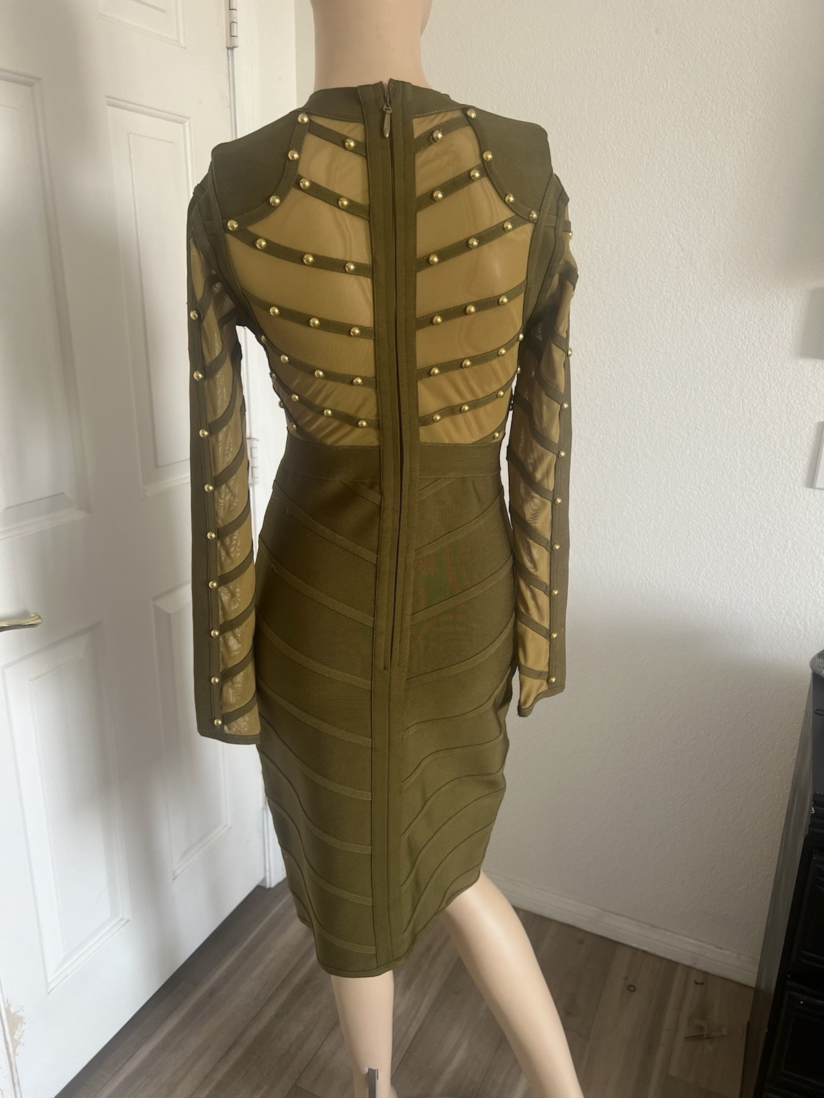 Womens Green Mesh Sheer Studded Mock Neck heavy Bodycon Zip Midi Dress L