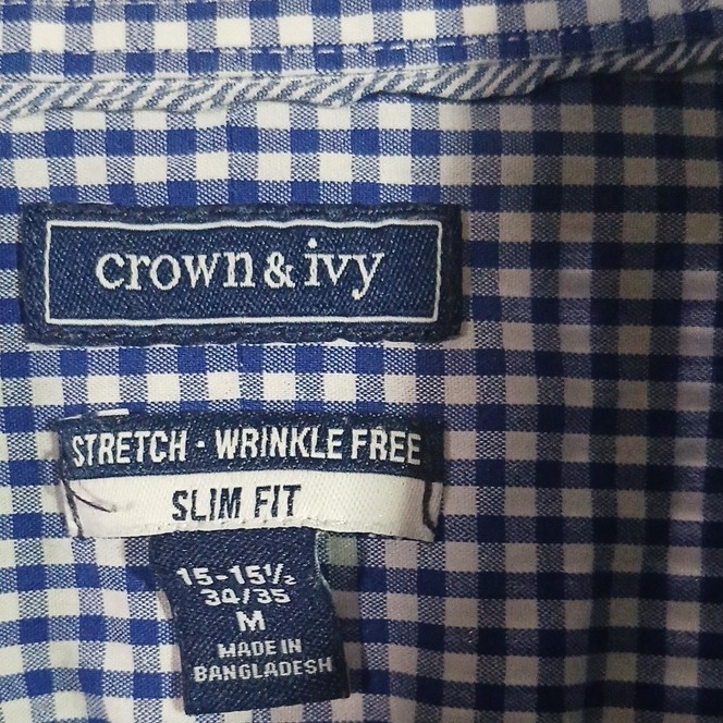 Crown & Ivy Men’s Slim Stretch Wrinkle Free Gingham Dress Shirt 15-15 1/2 34/35