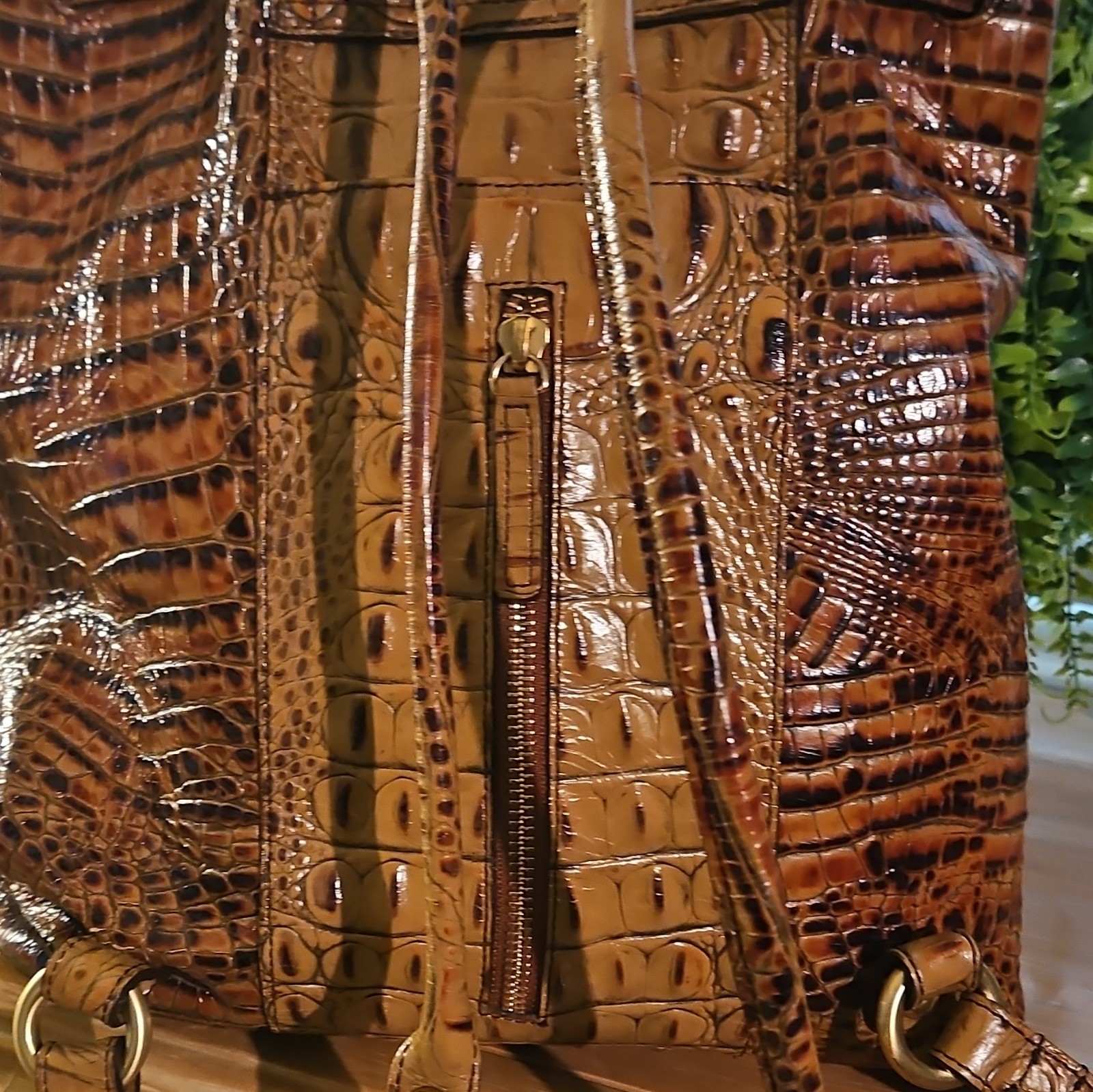 Brahmin Brown Embossed Animal Print Large Tote Turn Lock Zip Gold Charm