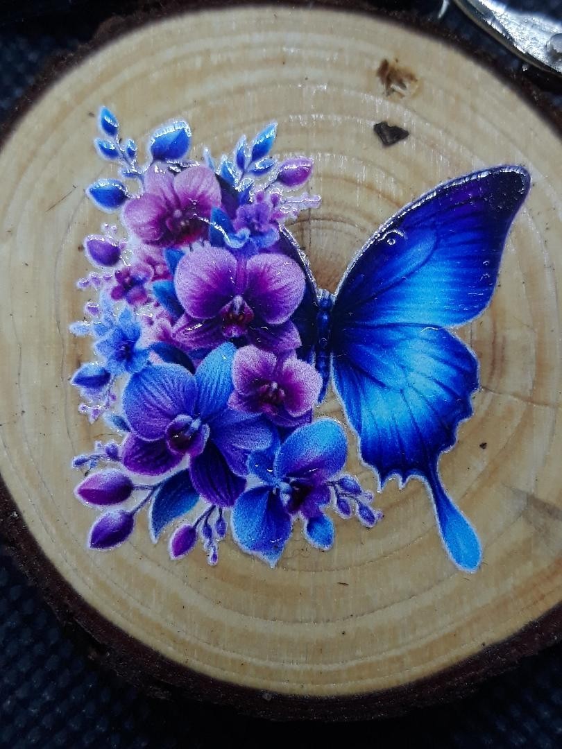 Beautiful Handmade Flowers & Butterfly Wood Round Keychain Tag Key Ring