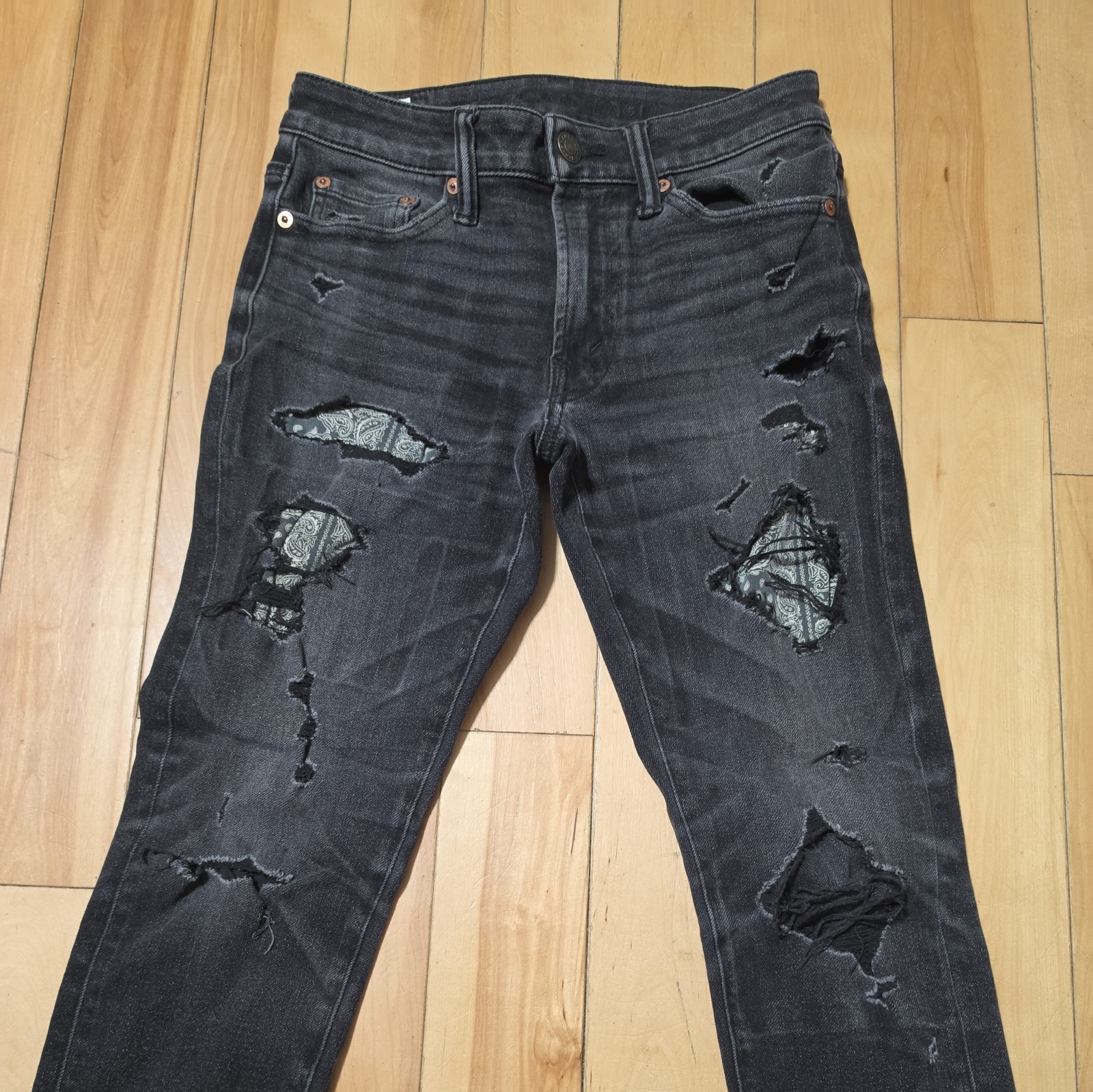 American Eagle Airflex 360 Skinny Jeans Black Distressed Ripped Patch Mens 26×27