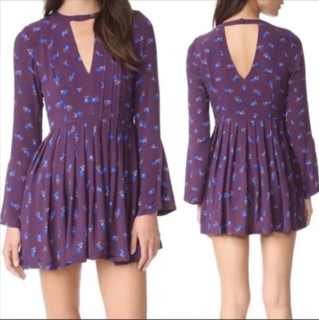 Free People Tegan Mini Dress Size 4 Purple Floral Choker Bell Sleeve Fairy Core