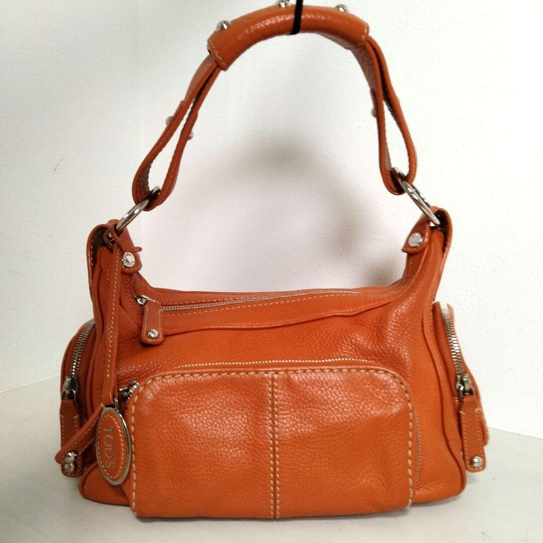 TOD’S Y2K Shoulder Bag Orange Pebble Leather Multi Pocket Logo Charm Auth