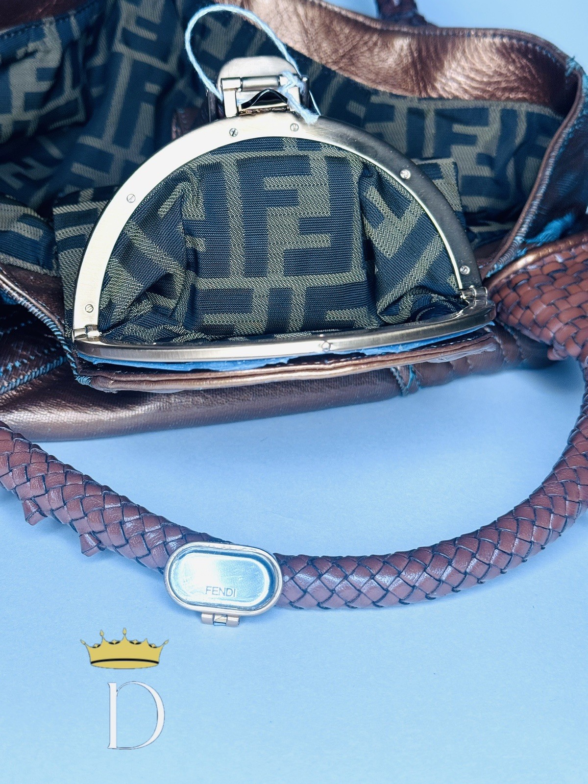 Fendi Metallic Bronze Leather Spy Bag – Braided Handles, & FF Logo Interior