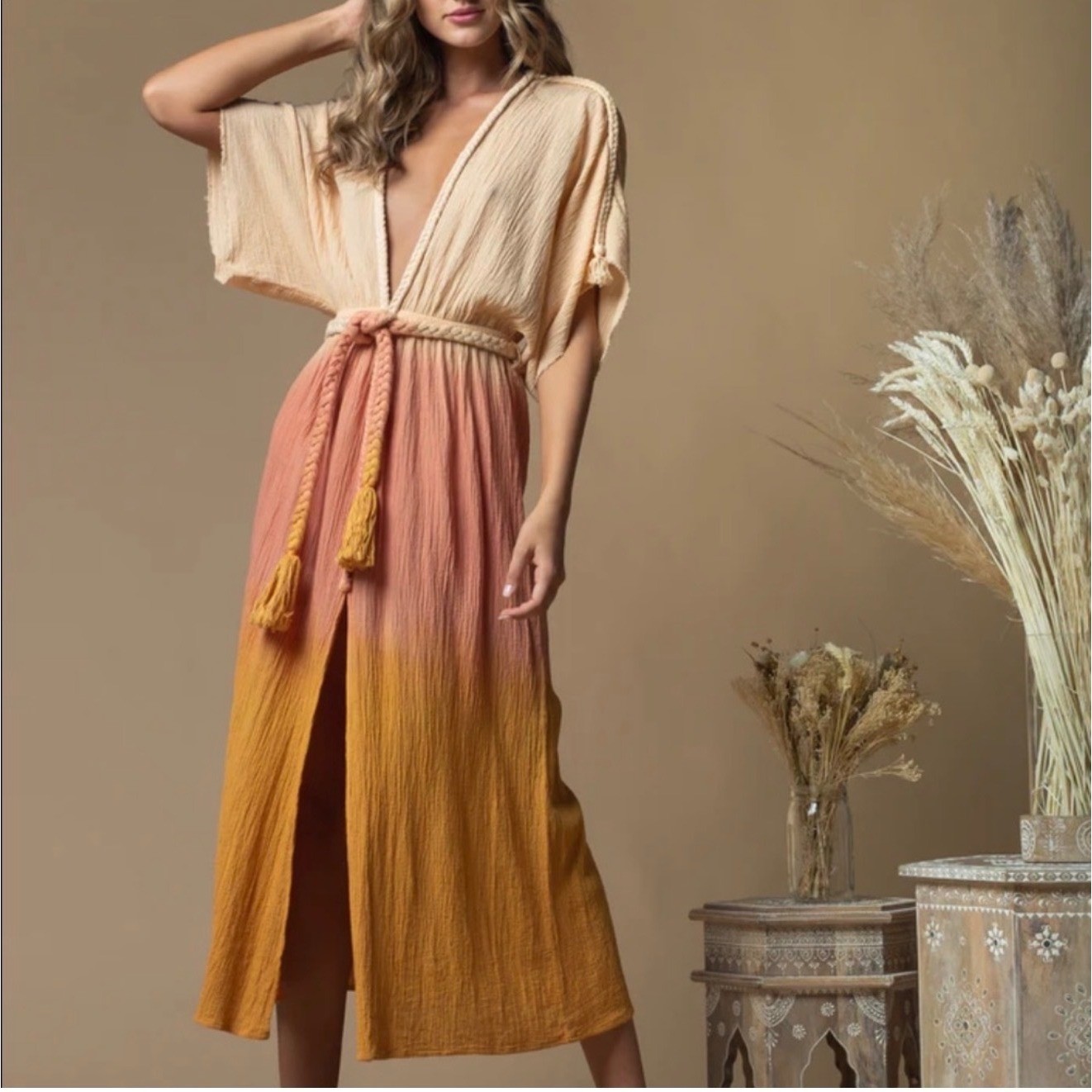 Z&L Europe Dip Dye Ombre Maxi Dress Boho Beach Resort Sunset Kaftan M