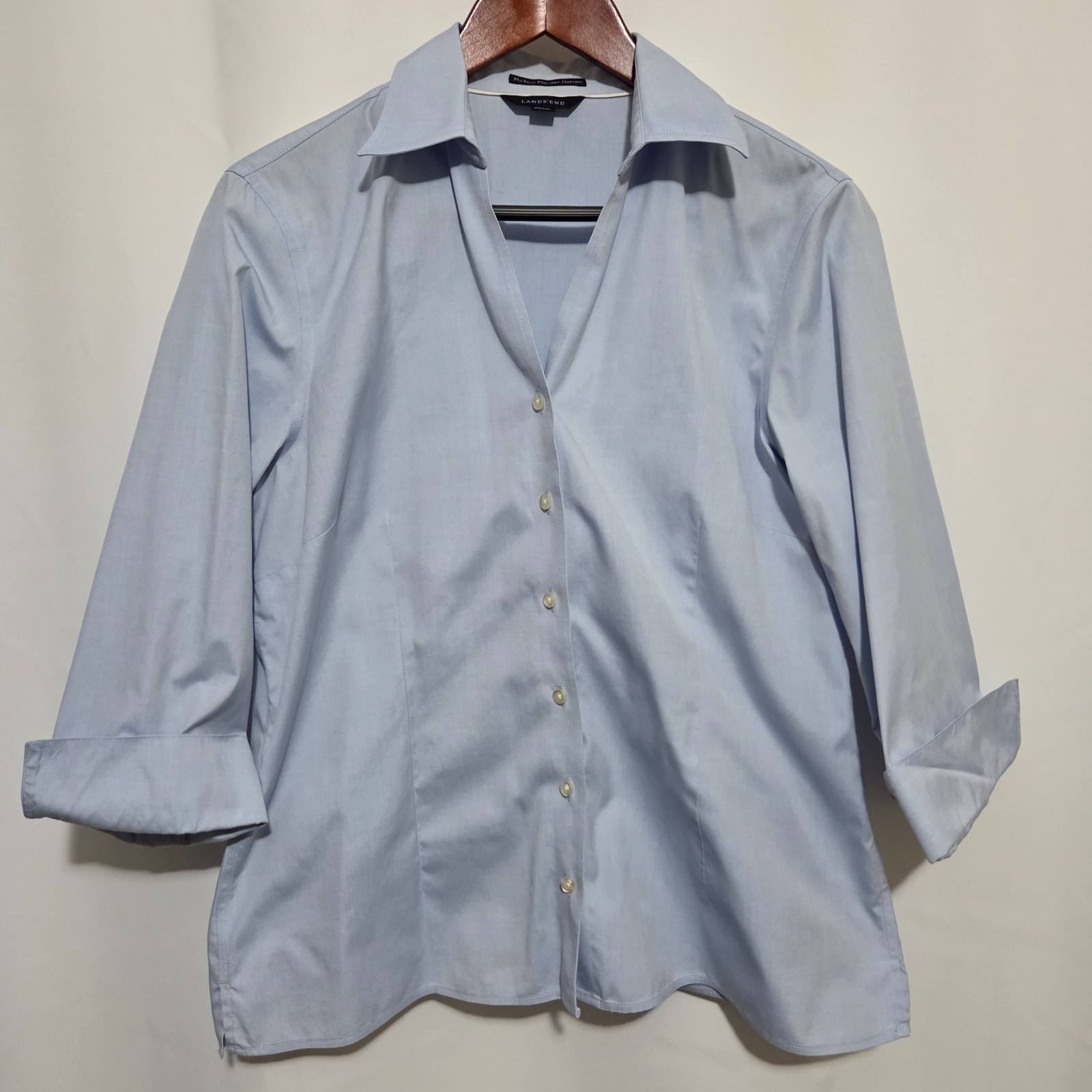 Lands’ End SIZE 12 No Iron Pinpoint Oxford Shirt Blue Fitted Career Button Down