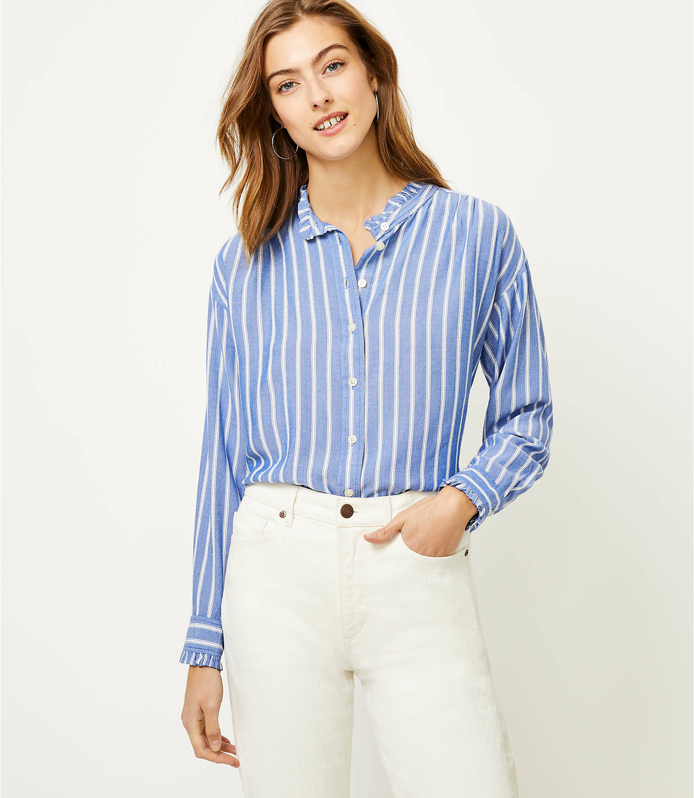 Loft Preppy Shirt Blouse Blue Striped Ruffle Trim Silky Rayon NEW XXS-XXL