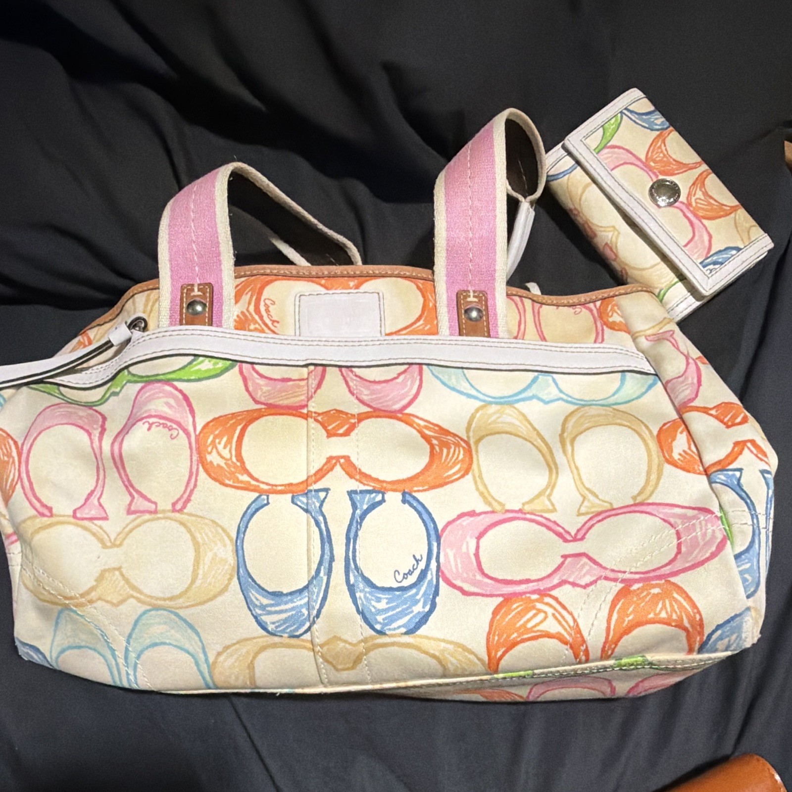 Coach Signature Multicolor Satchel Zip Double Handles with matching wallet