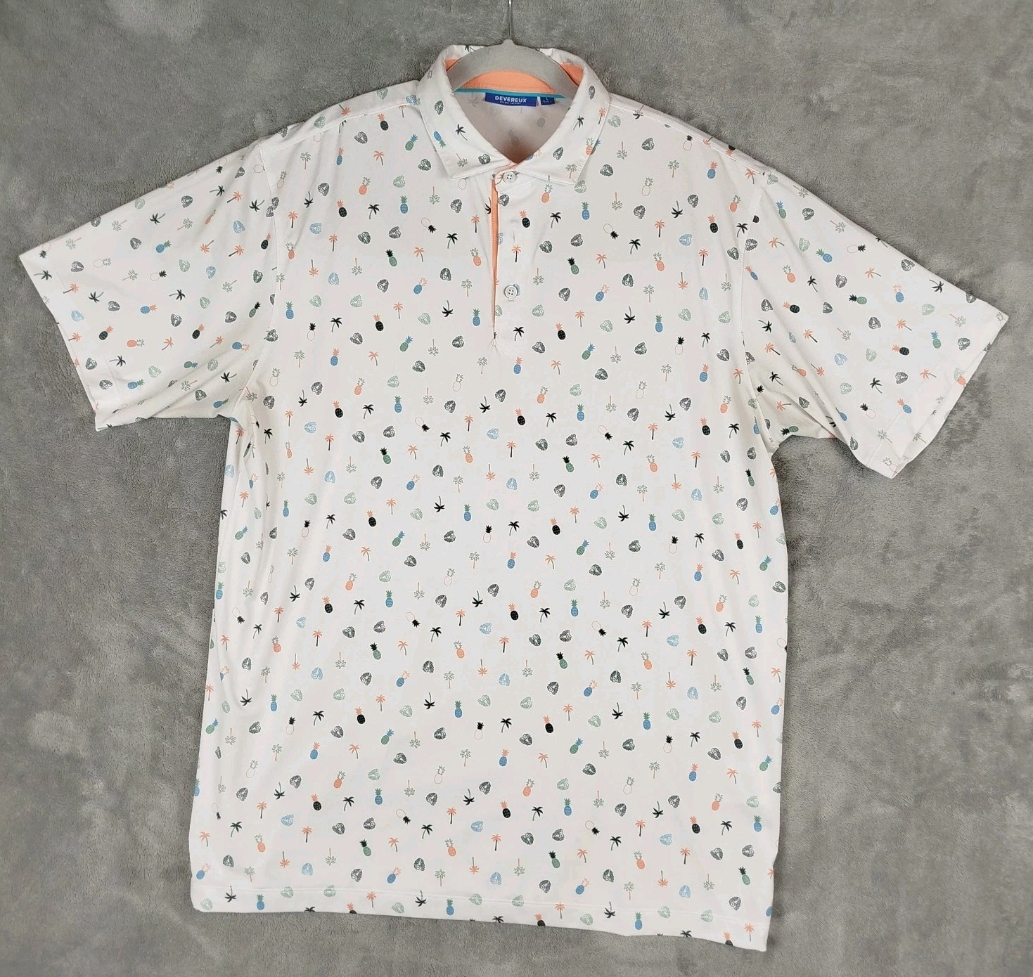 Devereux Golf Polo Shirt Mens L White Pinneaple Palm Coral Stretch Made in Korea