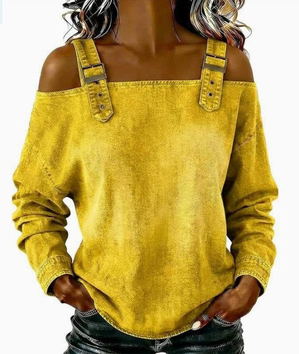 Women Off Shoulder Long Sleeve Top Adjustable Strap Loose Denim Casual Blouse