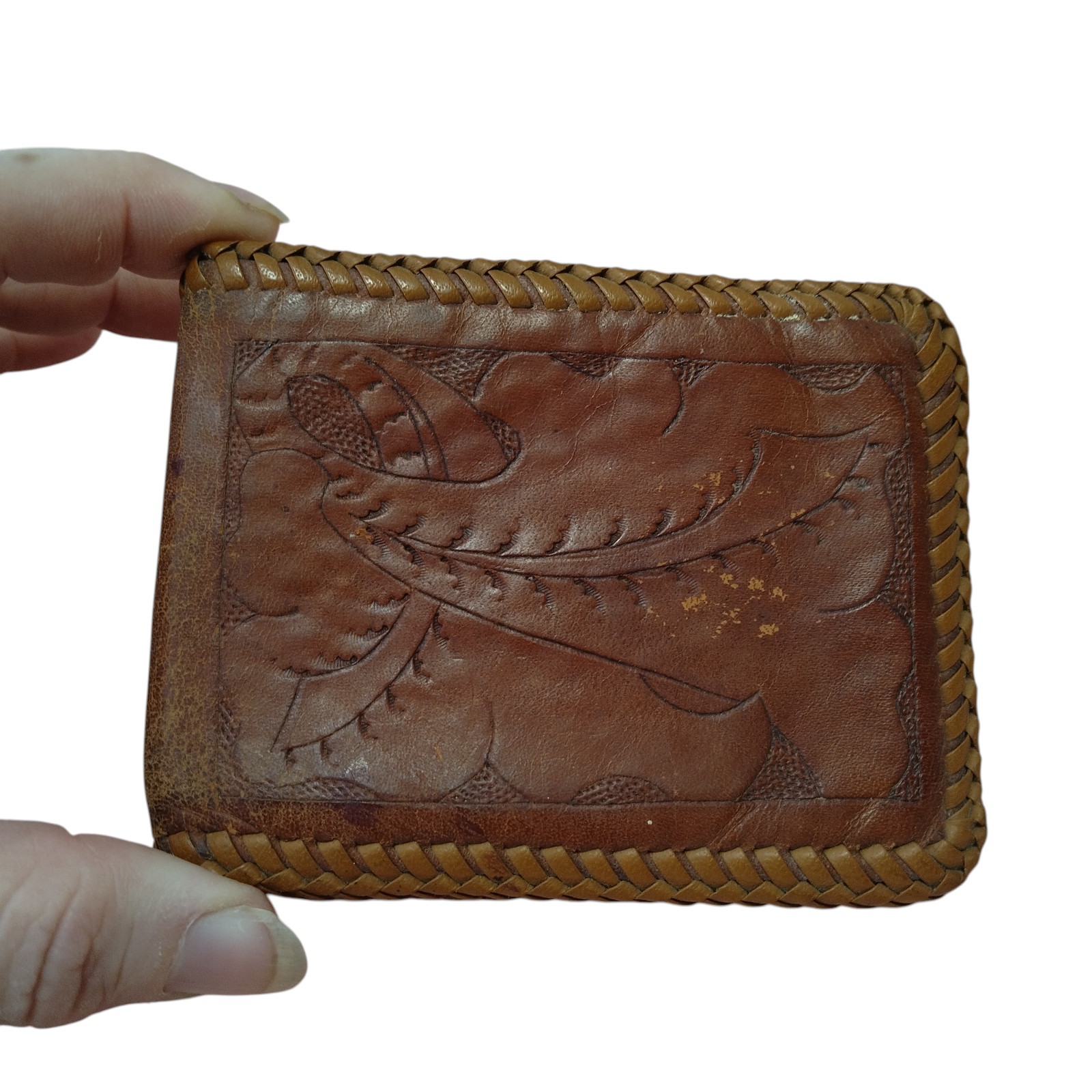 Vintage Tooled Leather Floral Bifold Wallet Brown Classic 3.5 X 4.5 Inches
