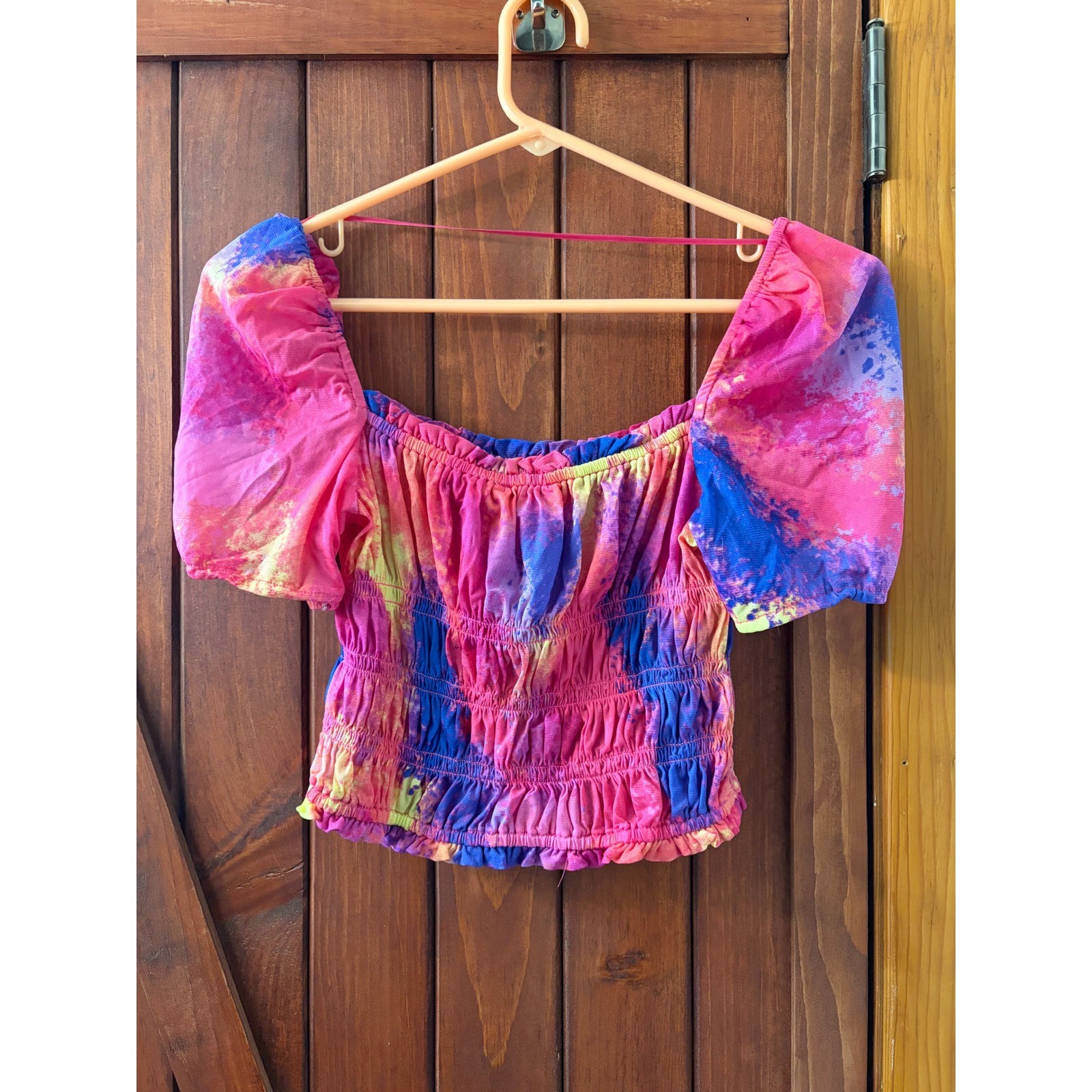 Bar III Women Tie Dye Smocked Puff Sleeve Crop Top Pink Blue XS