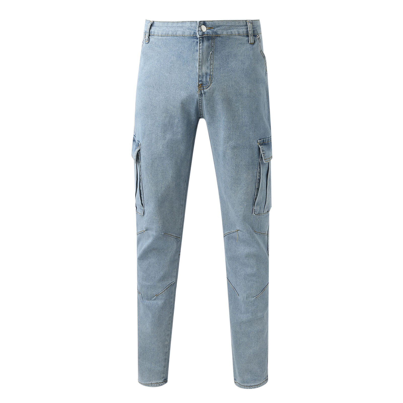 Large SIze Mens Soild Straight Hole Buckle Zipper Middle Waist Denim Long Pants