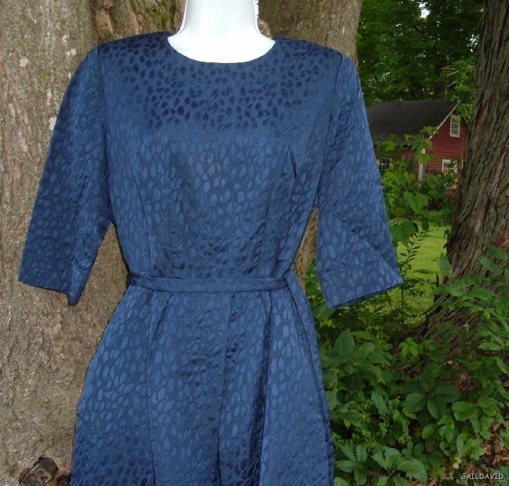 Vintage MCM Size 14.5 M Matelasse Dress Navy Blue w Belt B Altman 50s 60s VFG