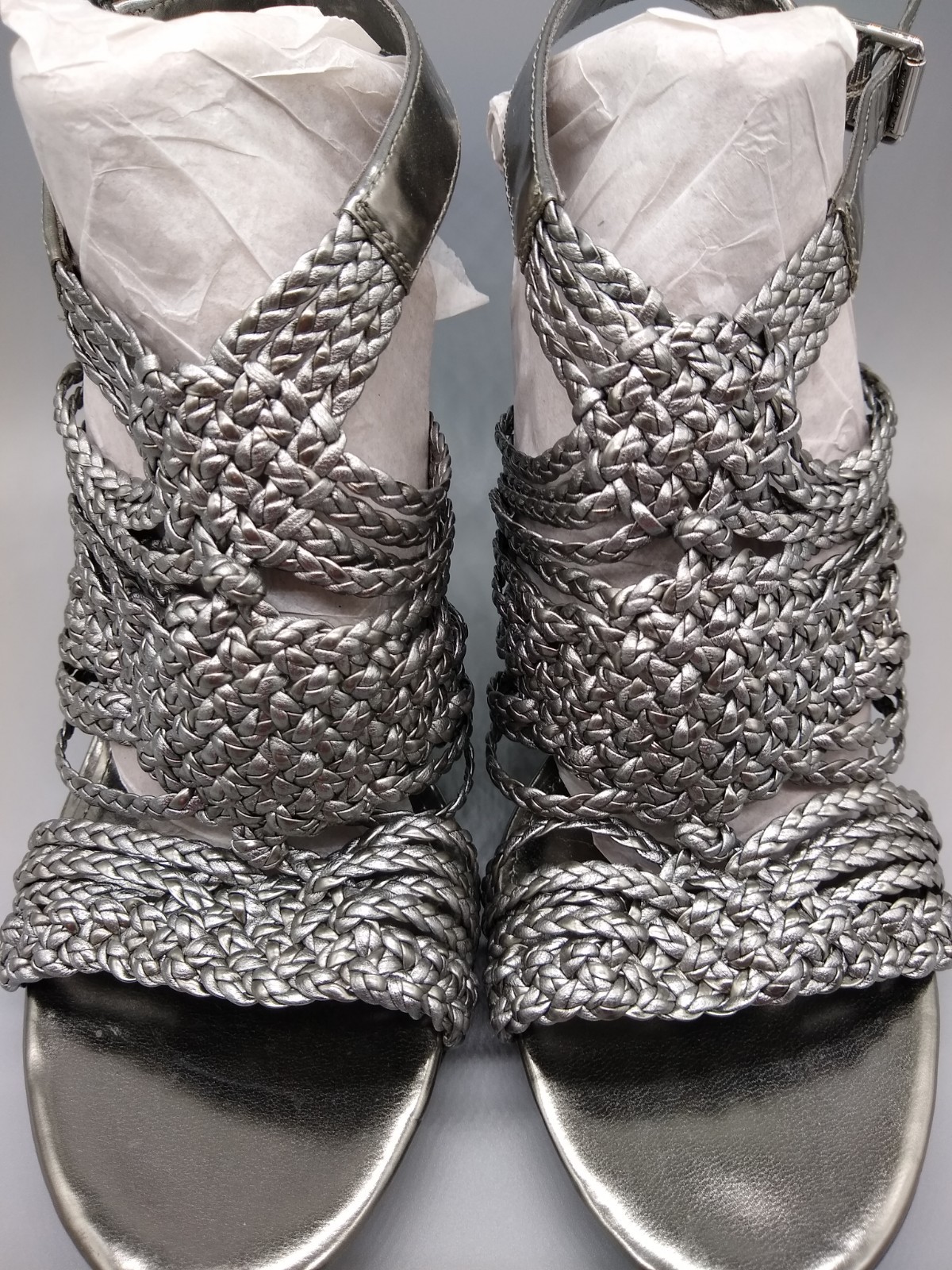 Ralph Lauren Silver Leather Braided High Heel Sandals Size 9B