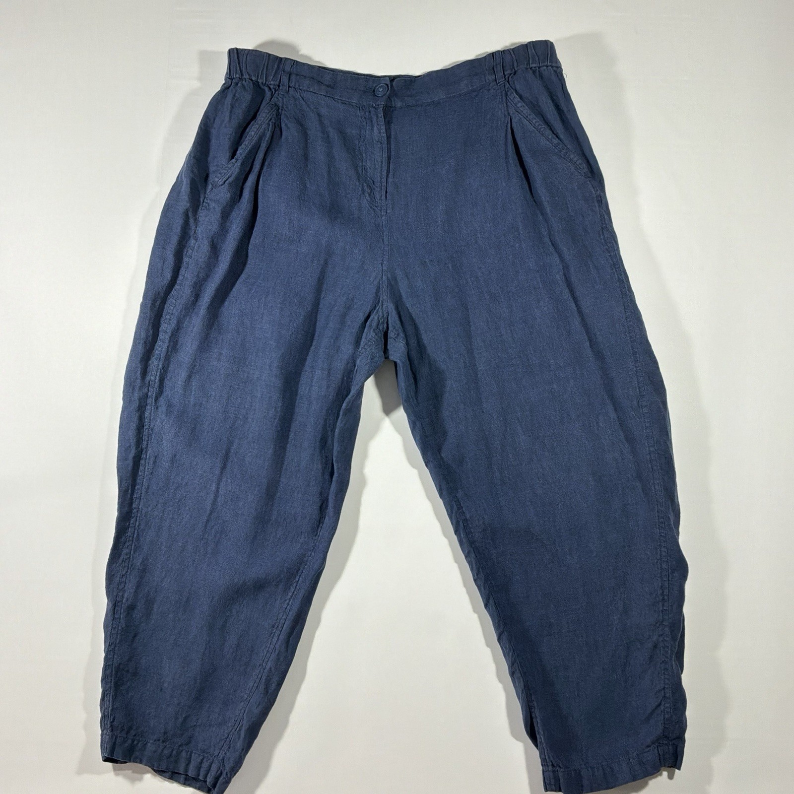 Poetry Blue Linen/Cotton Woven Pants Relaxed Tapered Ankle Mid Rise US 18