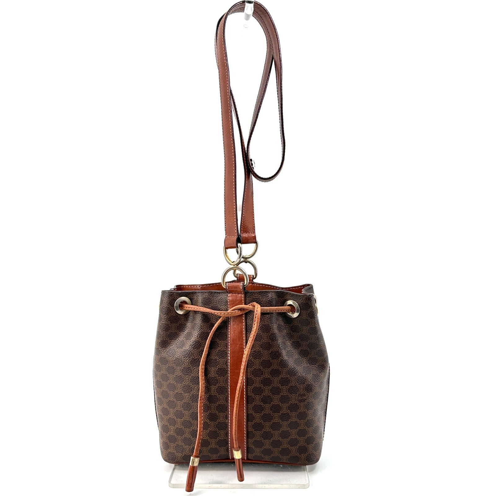 Vintage CELINE Macadam Drawstring Bucket One Shoulder Bag PVC Leather Brown