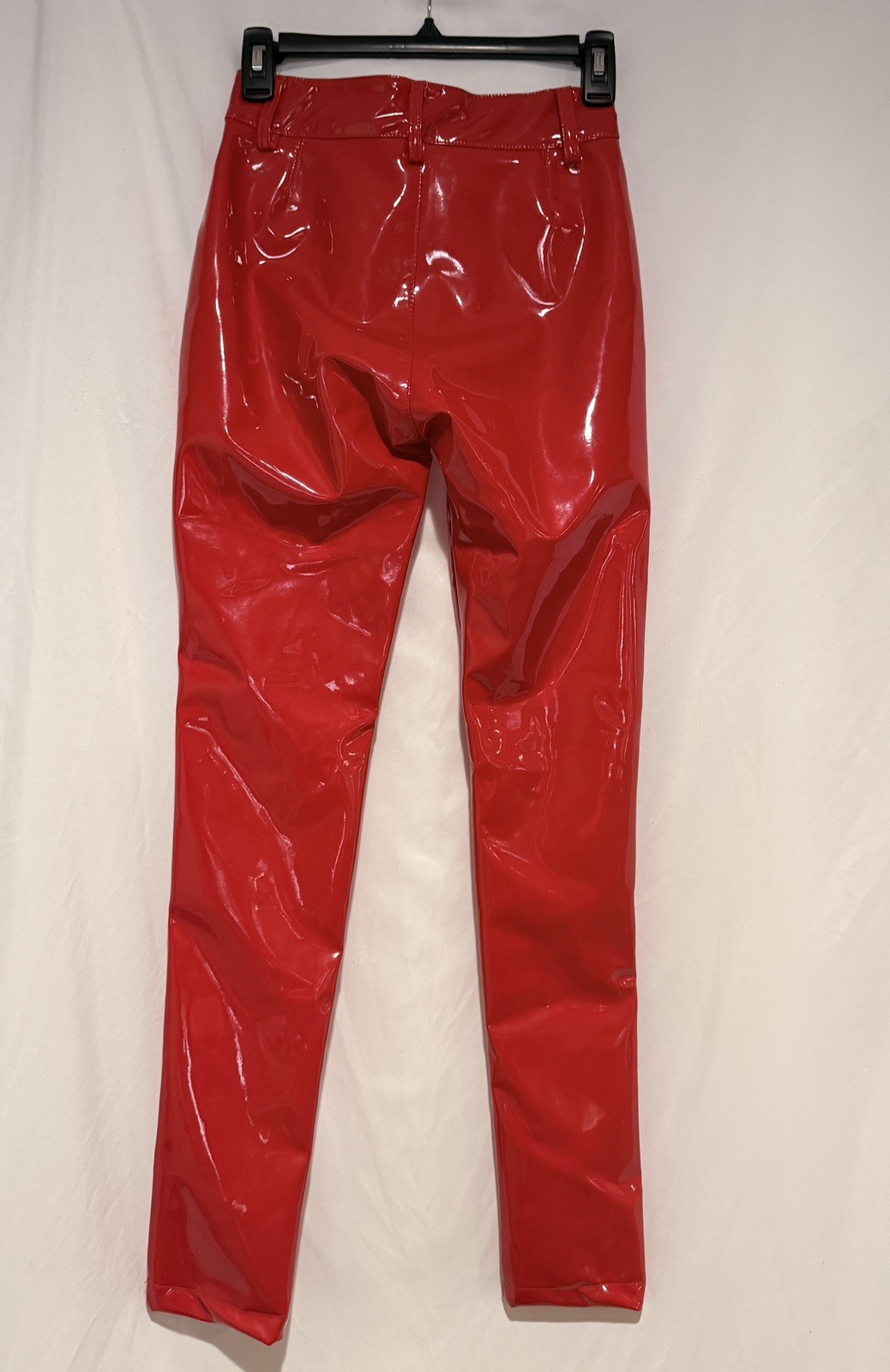 Women Red Shiny Skinny Pants Sexy Middle Waist Stretch Size S