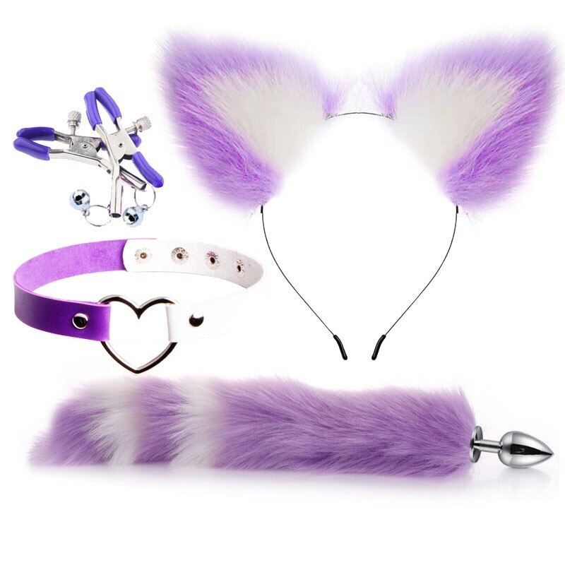 USA 4pc Set Foxtail Butt Wolftail Cat Ear Collar Tail Cute Cosplay Fantasy Anime