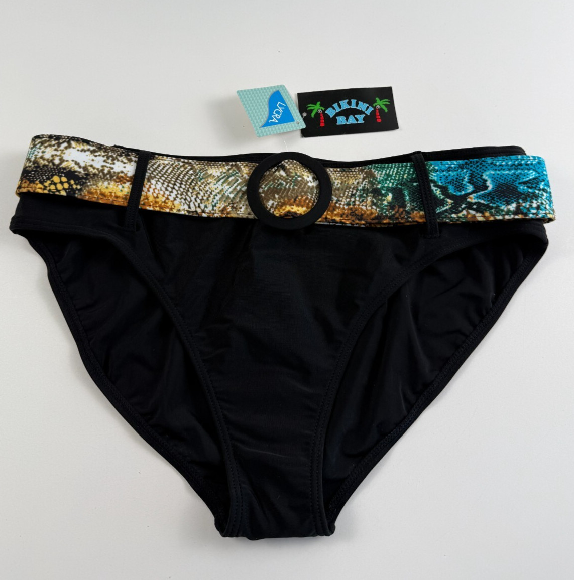 Bikini Bay Thick Belted Classic Hipster Bikini Bottom Black Size 14 NWT