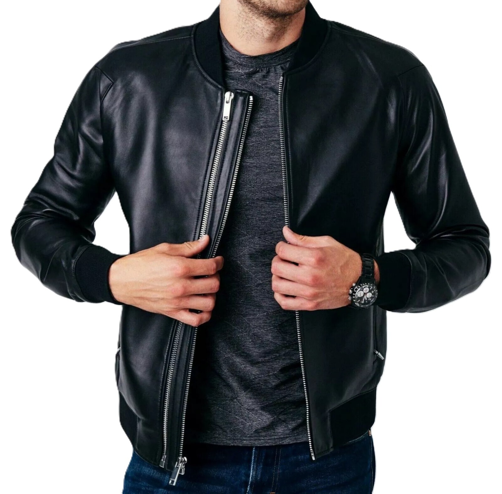 Men’s Smooth Lambskin Genuine Leather Black Bomber Biker Zipper Jacket Soft Coat
