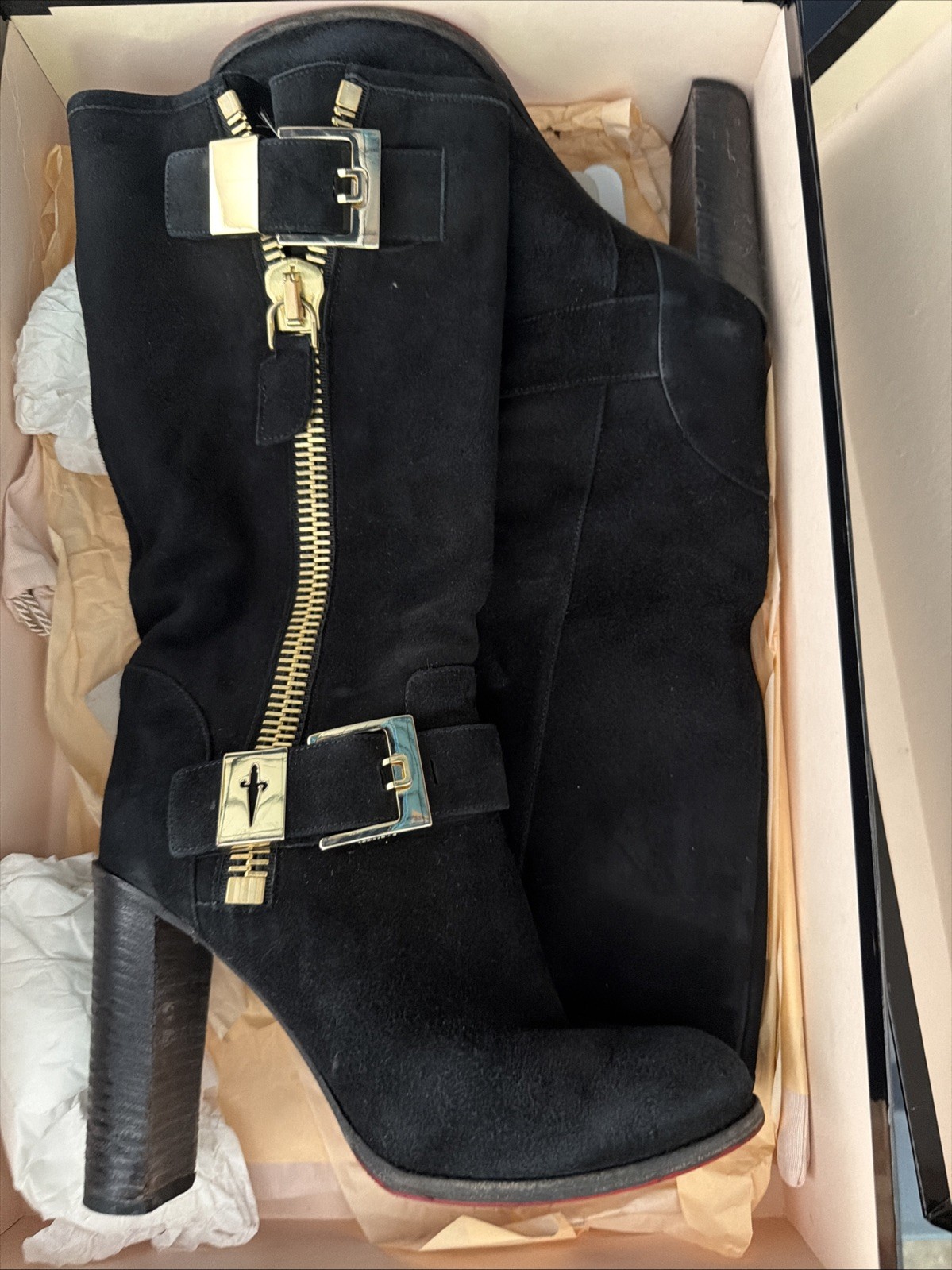 Cesare Paciotti Black Suede Knee High Boots Gold Buckles Zipper EU 37 US 6.5